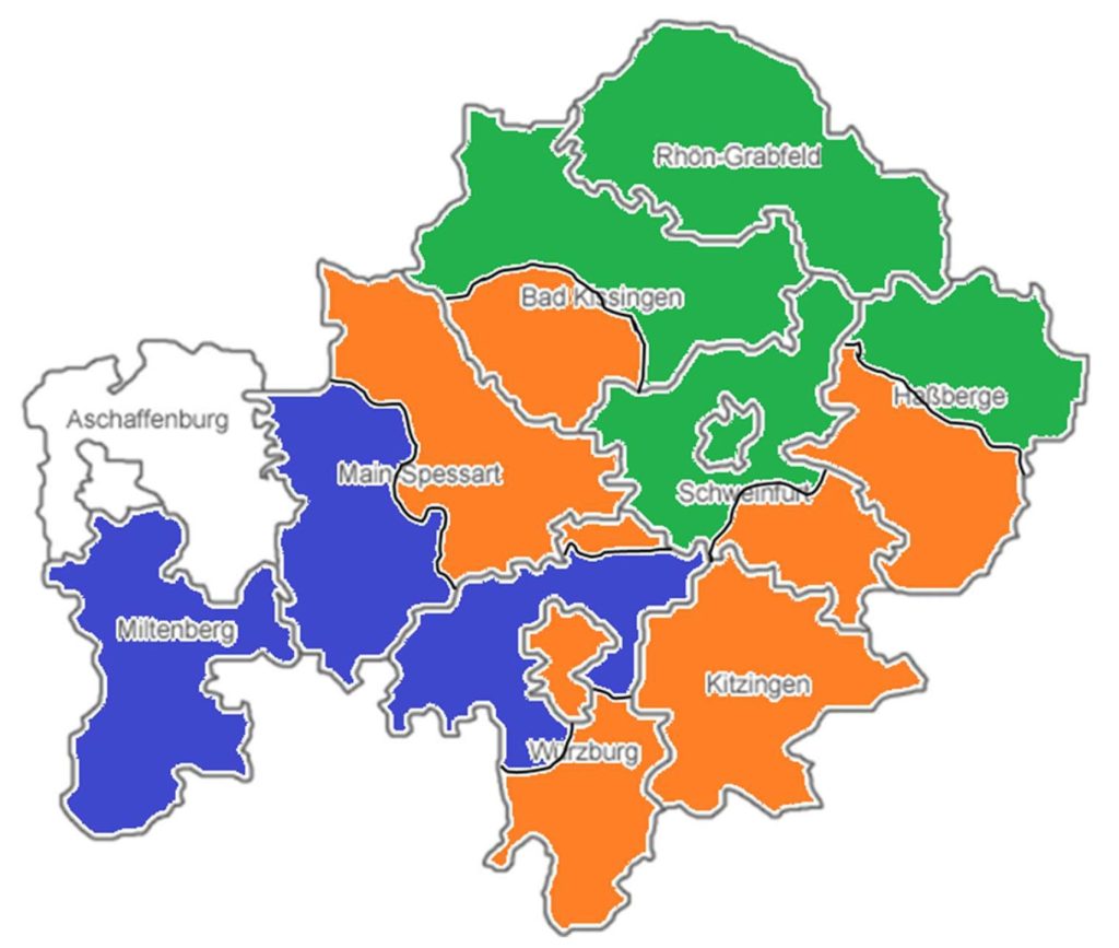 Karte von Unterfranken, Notfallbezirke: Grün=Ost; Orange=Mitte; Blau=West